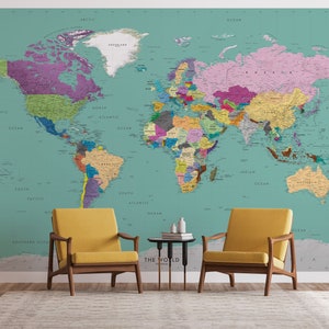 Gigante Teal Ocean Colorido Mapa Mundial Mural de pared - Mapa de fondo de pantalla extraíble del mundo / Enorme mapa de pared Peel & Stick / Opción de tamaño personalizado