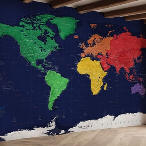 World Political Map Wall Mural - Large World Map Wallpaper with Dark Oceans, Detailed - Peel & Stick Fabric Wall Art - Easy Installation