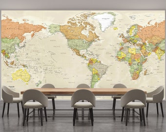 World Antique Ocean Map Wall Mural - America's Centered Map - Removable Peel & Stick Wallpaper Map - Giant Beige World Map | Custom Sizes