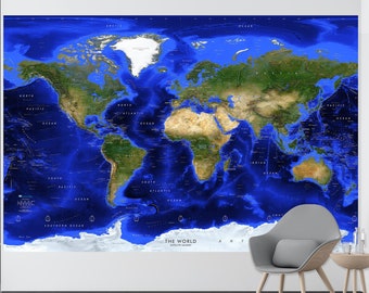 World Map Wall Mural - Satellite Imagery - Removable Wallpaper Map - Huge Peel & Stick - Giant Dark Blue Oceans World Map | Custom Sizes