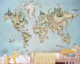 Watercolor World Map Mural Illustrated Animals of the World with Blue Oceans - Peel & Stick Removable Wallpaper Map for Kid's Room