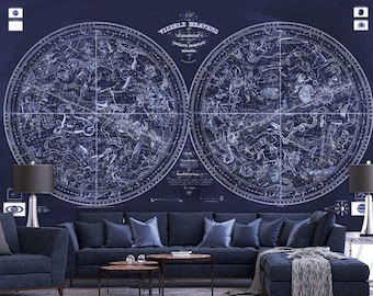 Vintage 1840 Celestial Spheres Murale - Carta da parati rimovibile - Peel & Stick - Old Zodiac Constellation Chart Wall Decal /Midnight Blue/