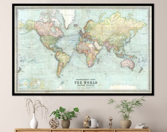 Vintage 1914 World Map - Bartholomew's Chart of the World on Mercator's Projection  | Vintage Wall Art Nautical Map Poster Print - Canvas |