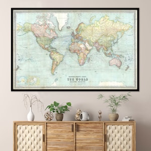 Vintage Weltkarte 1914 - Bartholomews Karte der Welt auf Mercator-Projektion | Vintage Kunst - Wasserkarte Poster Druck - Leinwand |