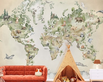 Watercolor World Map Mural Illustrated Animals of the World with Beige Ocean - Peel & Stick Removable Wallpaper Map for Kid's Room