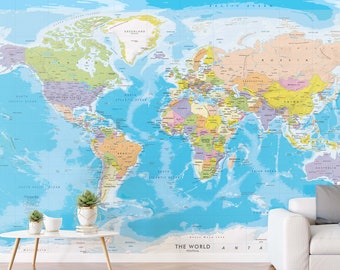 World Wall Map Mural - Blue Ocean Map Wallpaper - Giant Fabric World Map Decal - Removable Wallpaper Repositionable Peel & Stick Wall Art