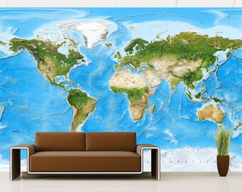 Custom Satellite Imagery World Map Mural - Peel & Stick, Personalizable Wall Art
