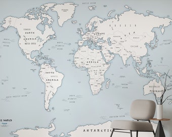 Soft Blue Ocean and White Simple World Map Mural - Peel & Stick Removable Wallpaper Map for Kid's Room - Illustrated Kid's Map Mural