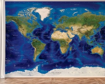 World Map Wall Mural: Dark Blue Satellite Imagery (Custom Size Options)