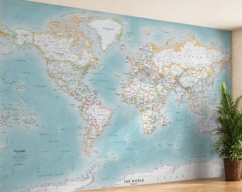 Large World Map Wall Mural - Removable Aqua Marine Decal for Home Office School Travel Decor