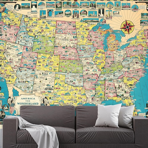 Vintage USA Map Wall Mural 1941 Colorful Illustrated United Etsy