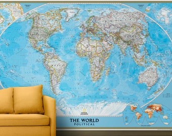 National Geographic World Classic Map Mural: Giant Peel & Stick Wallpaper in Blue Ocean