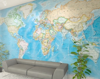 Giant World Map Wall Mural - Removable Wallpaper Map of the World - Huge Peel & Stick Fabric Map - Standard Blue Ocean Political World Map