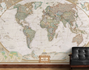 World Map Wallpaper Mural | Giant Wall Map | Removable Wallpaper | National Geographic Map of the World | Peel & Stick Fabric Wall Map Decal