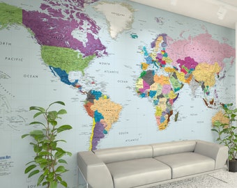 Colorful Giant World Map Mural: Peel & Stick Removable Wallpaper for Kids Educational Decor