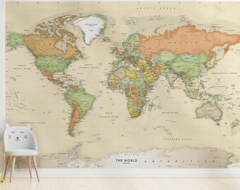 Mural de pared con mapa del mundo: Diseño antiguo de océanos (adhesivo removible)