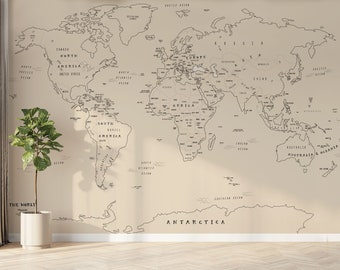 Neutral Peel & Stick World Map Mural in Soft Tan - Removable Wallpaper for Kids Room