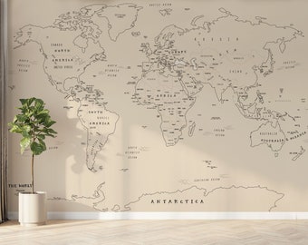 Neutral Soft Tan World Map Mural - Peel & Stick Removable Wallpaper Map for Kid's Room - Illustrated Simple World Map