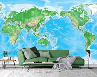 Giant Topographic World Map Pacific Ocean Centered Wall Mural - Removable Wallpaper Map | Huge Peel & Stick Wall Map | Custom Size Options