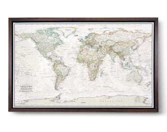 Mapa de viaje con chinchetas: Tonos tierra suaves - Lienzo con marco de madera