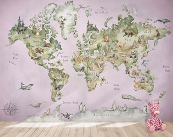 Watercolor World Map Mural Illustrated Animals of the World with Rose Pink Oceans - Peel & Stick Removable Wallpaper Map for Kid's Room