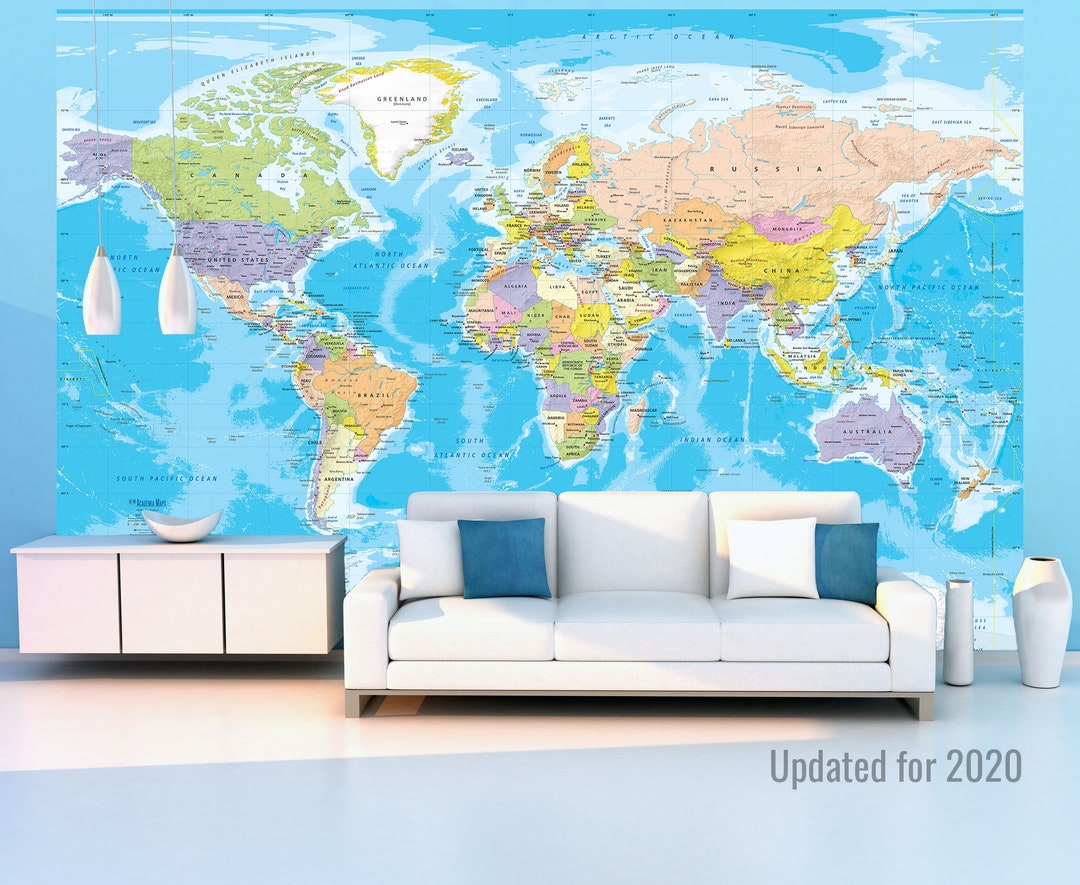 Buy World Wall Map Mural Blue Ocean Map Wallpaper Giant Fabric World ...