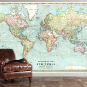 Mural de parede do mapa mundial vintage de 1914 - papel de parede removível - Carta do mundo de Bartolomeu na projeção de Mercator - papel de parede peel & stick