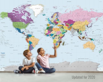 Giant Colorful World Map Wall Mural - Removable Wallpaper Map of the World - Huge Peel & Stick Fabric Map - Detailed Labeling