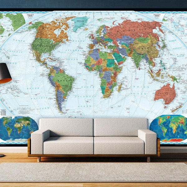 National Geographic World Map Wall Mural - Decorator Series - Giant Removable Wallpaper - NatGeo Map of World Mural - Wall Decal