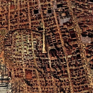 May include: An aerial view of a city with a lighthouse in the center. The city is made up of many buildings, all of which are brown and white. The lighthouse is tall and white, with a black top. The city is surrounded by water.