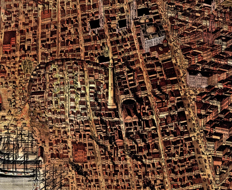 May include: An aerial view of a city with a lighthouse in the center. The city is made up of many buildings, all of which are brown and white. The lighthouse is tall and white, with a black top. The city is surrounded by water.