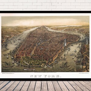 New York Old 1873 panoramisch uitzicht - vintage antieke vogelkaart - perspectiefkaart | Vintage muurkunst kaartdoek - archiefpapierafdruk |