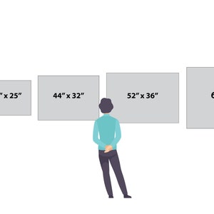May include: A comparison of five different sizes of blank canvases, ranging from 24 inches by 17 inches to 62 inches by 44 inches. The canvases are all white and have a smooth surface.