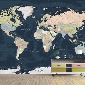 Muurschildering wereldkaart - Dark Navy Ocean Map Wall Art - Verwisselbaar behang - Enorme Peel & Stick - Gigantische donkerblauwe wereldkaart - Aangepaste formaten