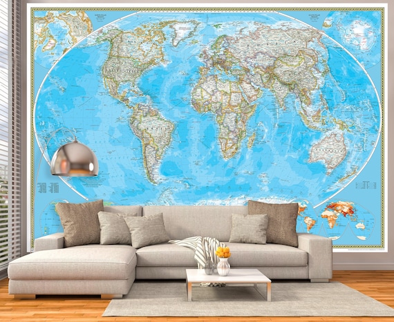 National Geographic Classic World Map Wall Mural Giant Etsy