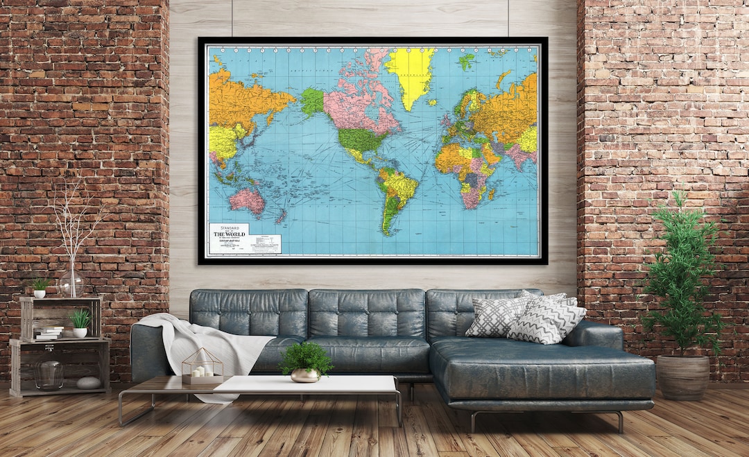 Vintage 1942 World Map Standard Map of the World on Mercator's ...