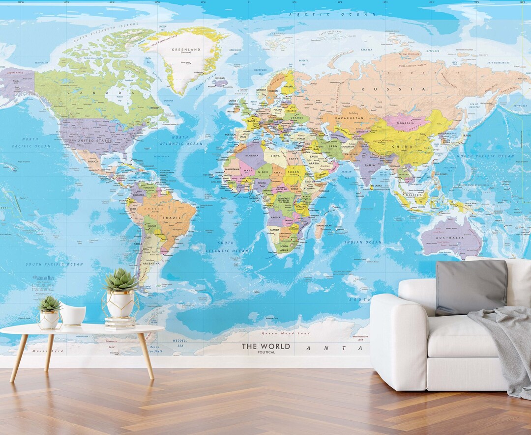World Wall Map Mural Blue Ocean Map Wallpaper Giant Fabric World Map ...