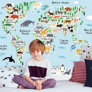 Kinder Illustrierte Tiere der Welt Karte Wandbild - Wieder ablösbare Tapete - Kinderkarte - Selbstklebendes Stoff Wandbild - Landkarte Wandtattoo
