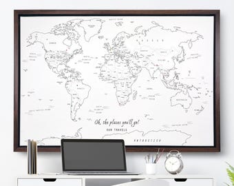 Hand-Drawn World Map Pin Board - Minimalist Black Line Canvas