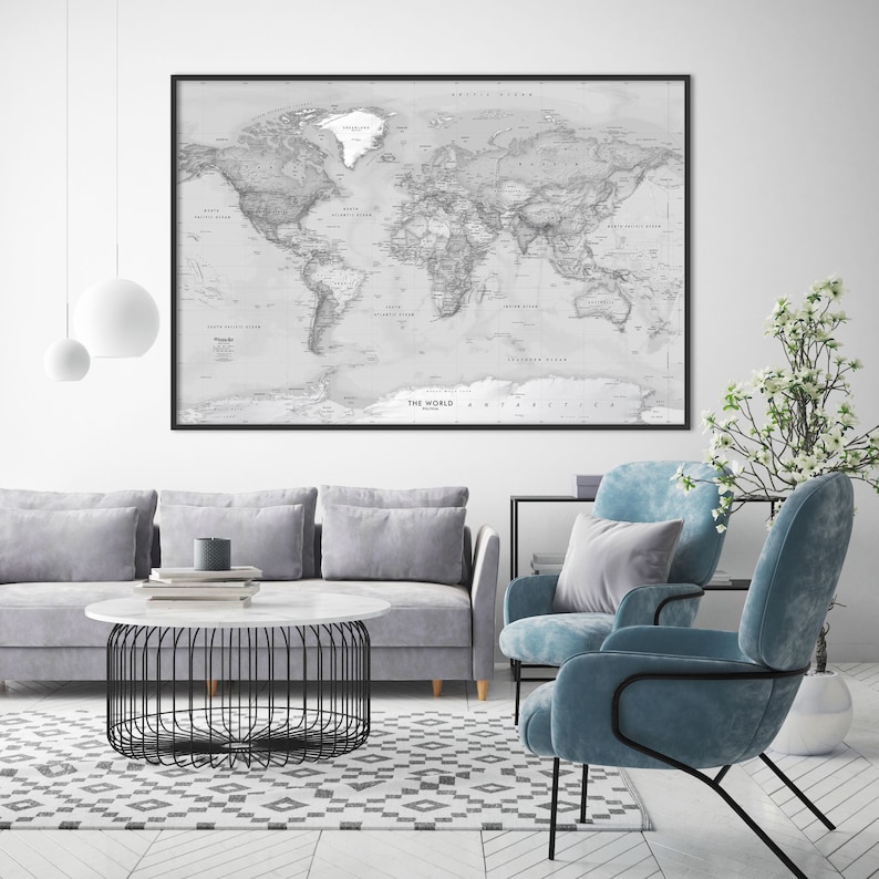 Grayscale World Political Wall Map Large World Wall Map Etsy Israel