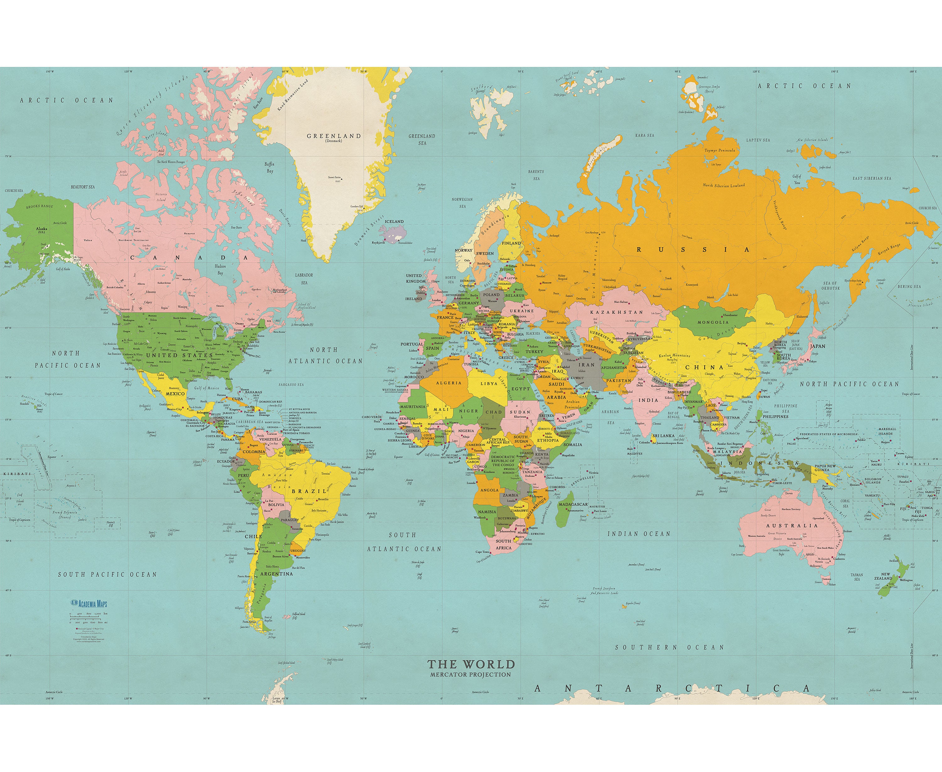 Classic Colors World Political Map Wall Mural Vintage Style - Etsy