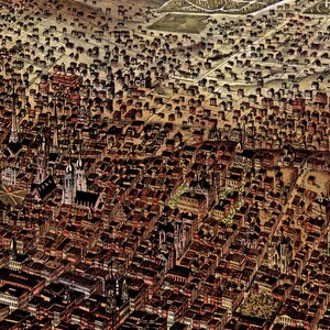 May include: An aerial view of a densely populated city with a grid pattern of streets. The buildings are mostly brown and red, with some green trees visible. The image is a vintage illustration.