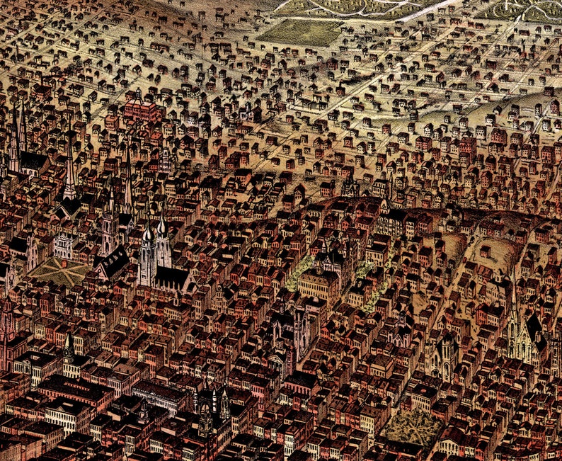 May include: An aerial view of a densely populated city with a grid pattern of streets. The buildings are mostly brown and red, with some green trees visible. The image is a vintage illustration.