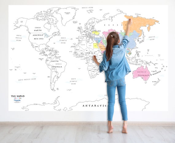 World Color It Map Giant World Coloring Map for Kids Removable