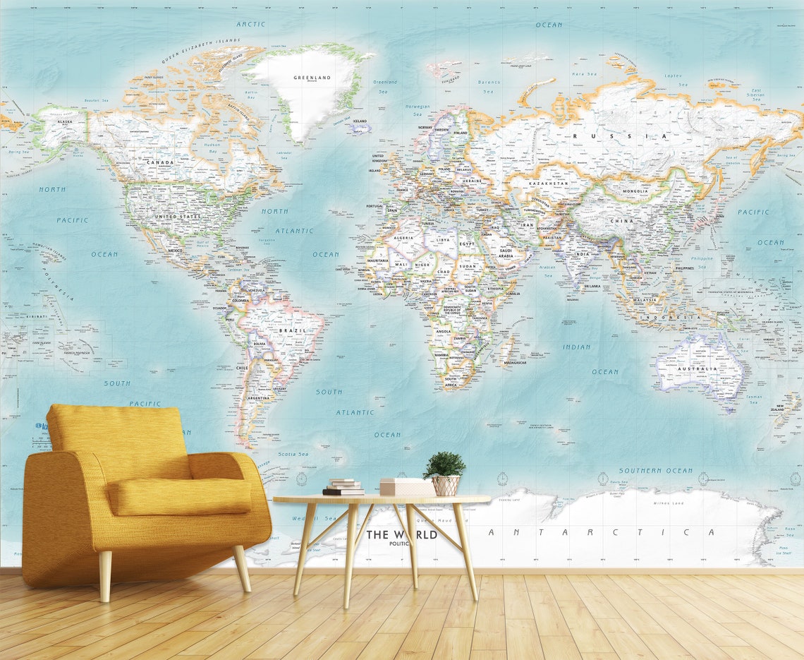 Giant World Map Wall Mural Removable Wallpaper Map of the Etsy
