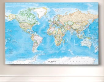 World Wall Map: Personalized Blue Ocean Political Print (Framed, Canvas, Paper, or Laminated)