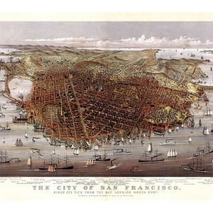 May include: A detailed, hand-colored bird's-eye view map of San Francisco, California, circa 1880. The map shows the city's layout, including streets, buildings, and the harbor with numerous ships.