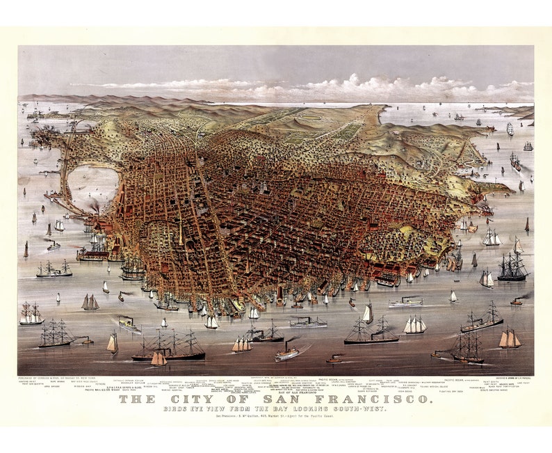 May include: A detailed, hand-colored bird's-eye view map of San Francisco, California, circa 1880. The map shows the city's layout, including streets, buildings, and the harbor with numerous ships.