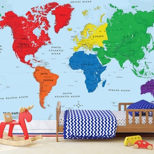 World Map Wall Mural - Early Learning Kids Room - World Map Removable Wallpaper - Peel & Stick Children's' Nursery Map - World Map Wall Art