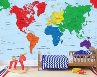 World Map Wall Mural - Early Learning Kids Room - World Map Removable Wallpaper - Peel & Stick Children's' Nursery Map - World Map Wall Art